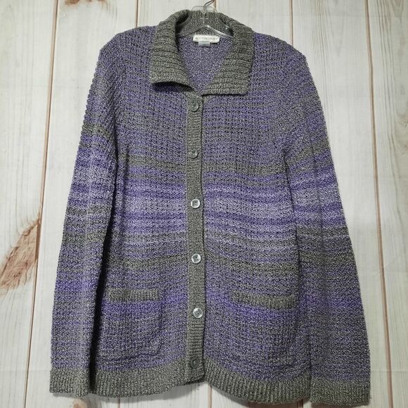 Allison Daley Cardigan Gray Purple Knit Button Front Textured Long Sleeve - Picture 1 of 8